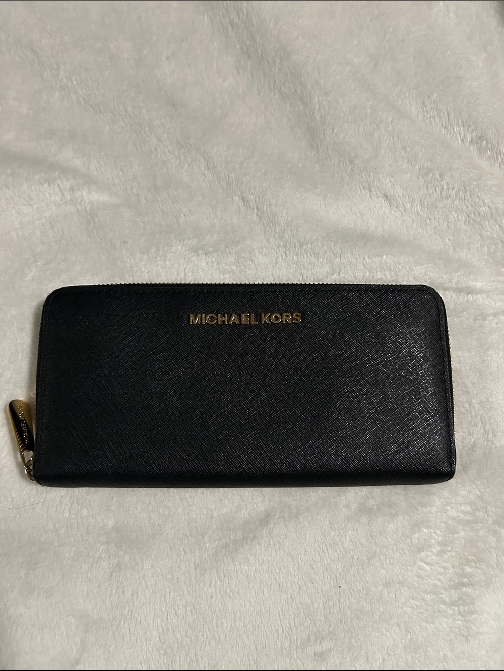 Michael Kors Black Leather Zip Wallet with Gold Hardware